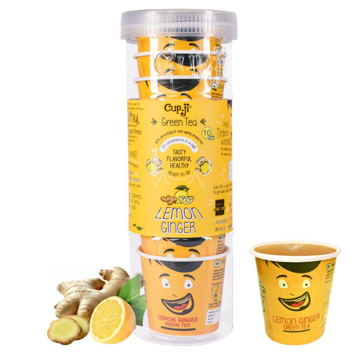 Cup-ji Ready to Sip Lemon Green Tea 10 Cups - On the Go | Easy Prep | For Office and Travel