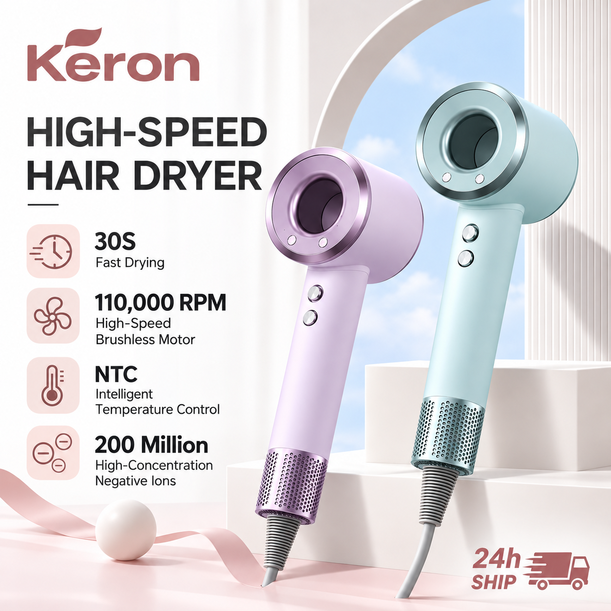 Keron High-Speed Hair Dryer 110,000 RPM Brushless Motor NTC Intelligent Temperature Control