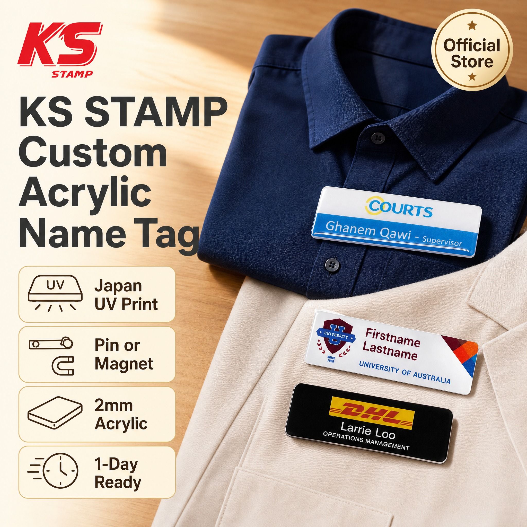 Custom made / Colour Acrylic White / Black Name Tag