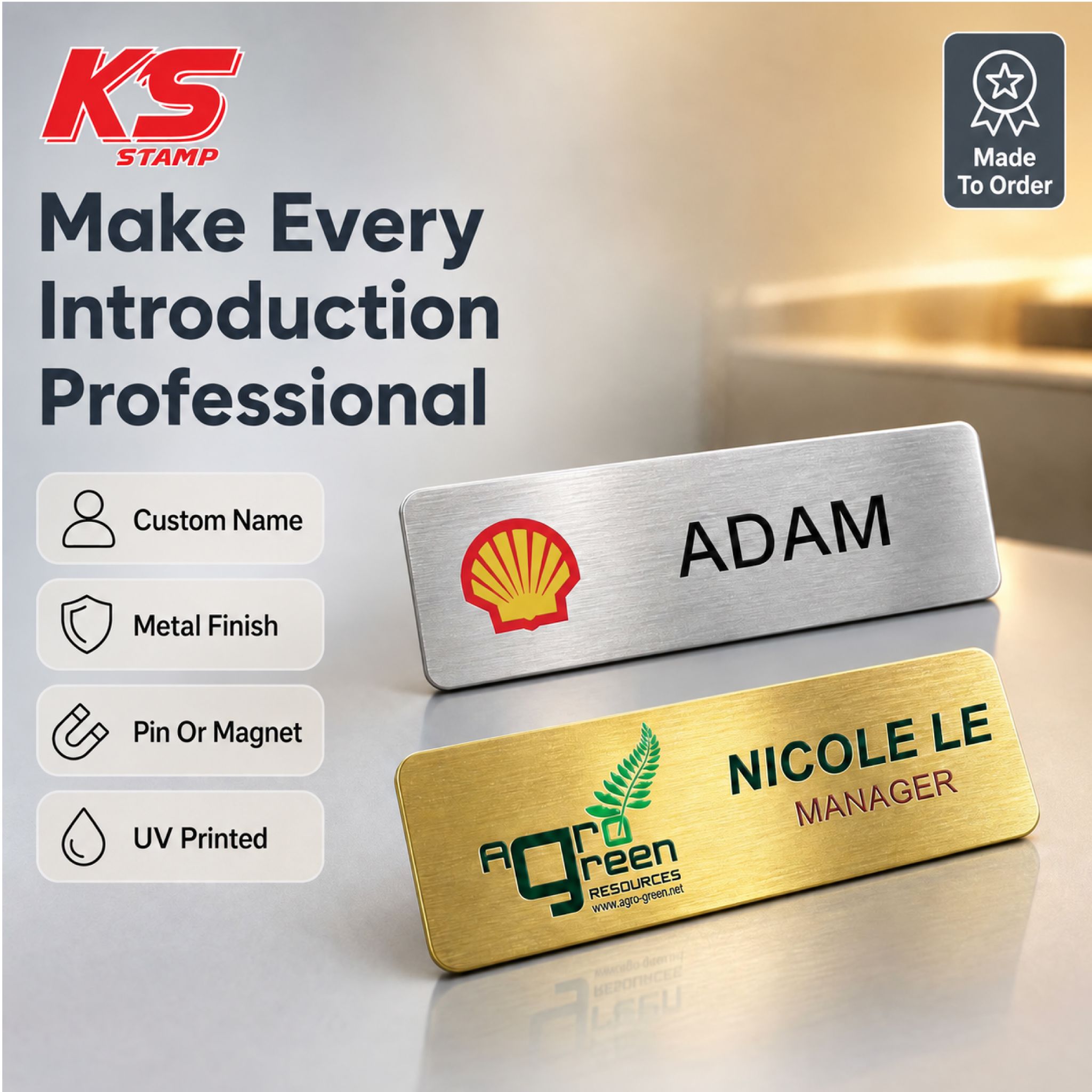 Custom made/ Personalized Metal (Silver / Gold) Name Tag