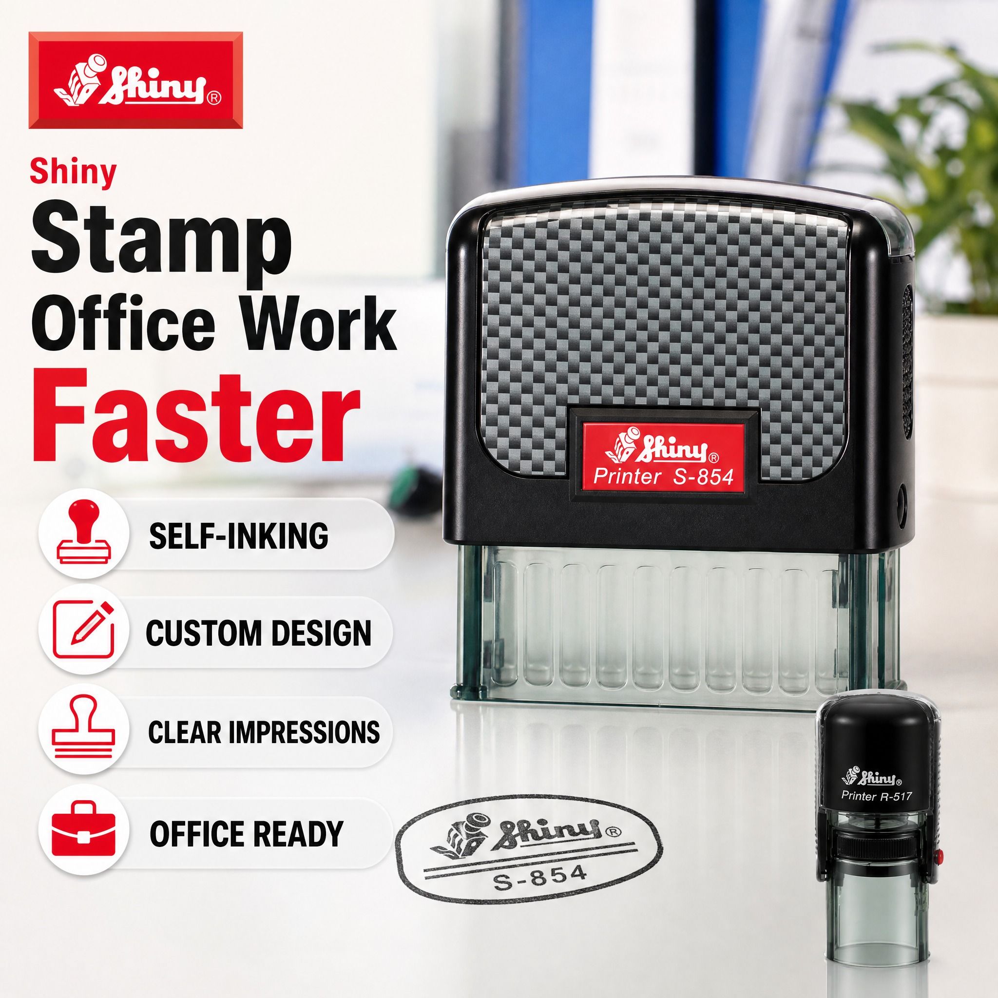 Custom Made SHINY Self Inking Stamp Rectangular / Round Shape Office, School & Hospital