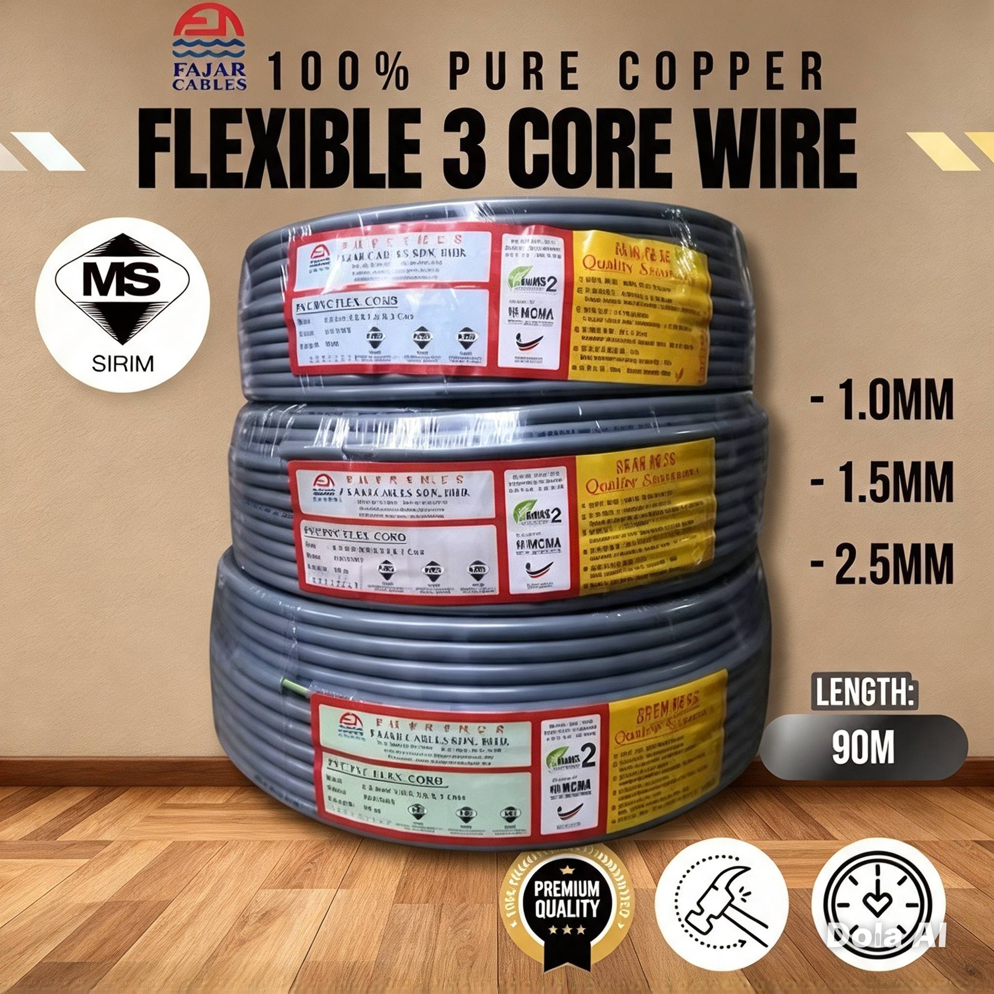 Fajar 1.0MM / 1.5MM / 2.5MM 3 Core Wire Flexible Cable Core 100% Pure Copper (SIRIM) (90M Per Roll)