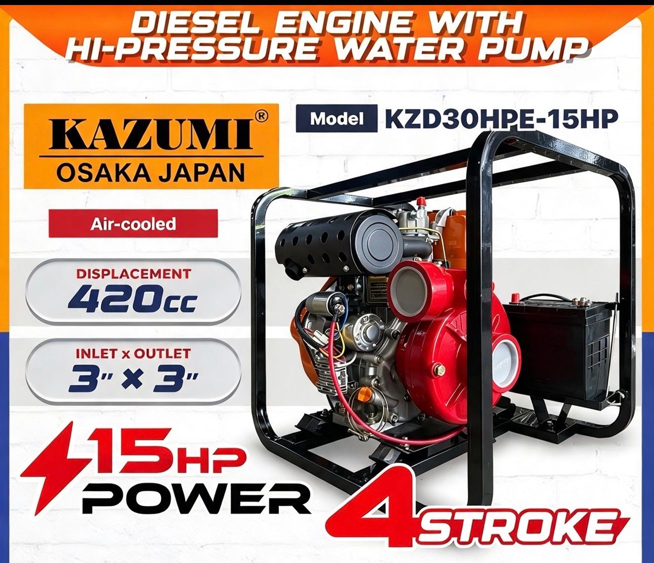 KAZUMI JAPAN Diesel Engine w/ High Pressure Water Pump KZD30HPE-15HP | Enjin Diesel + Pam Air Tekanan Tinggi
