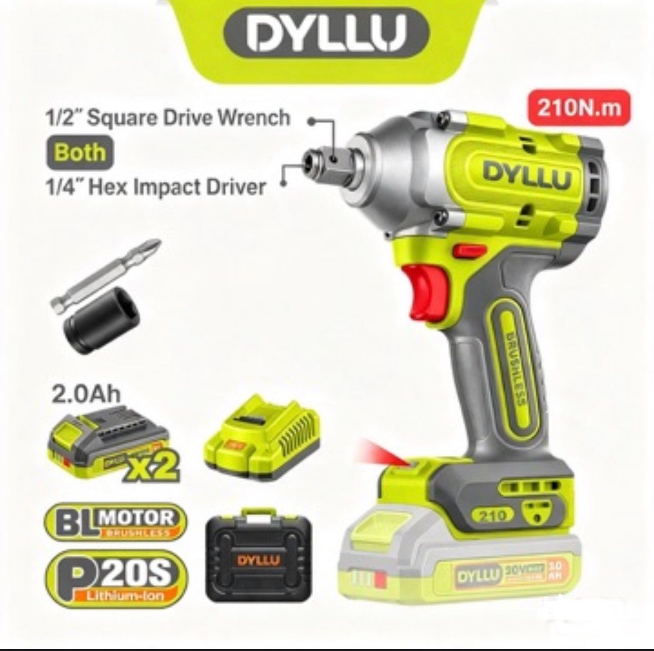 DYLLU Brushless Cordless Impact Driver & Wrench (20V/210Nm) + Battery (2Ah/2 Pcs) + Charger DTCD3B21