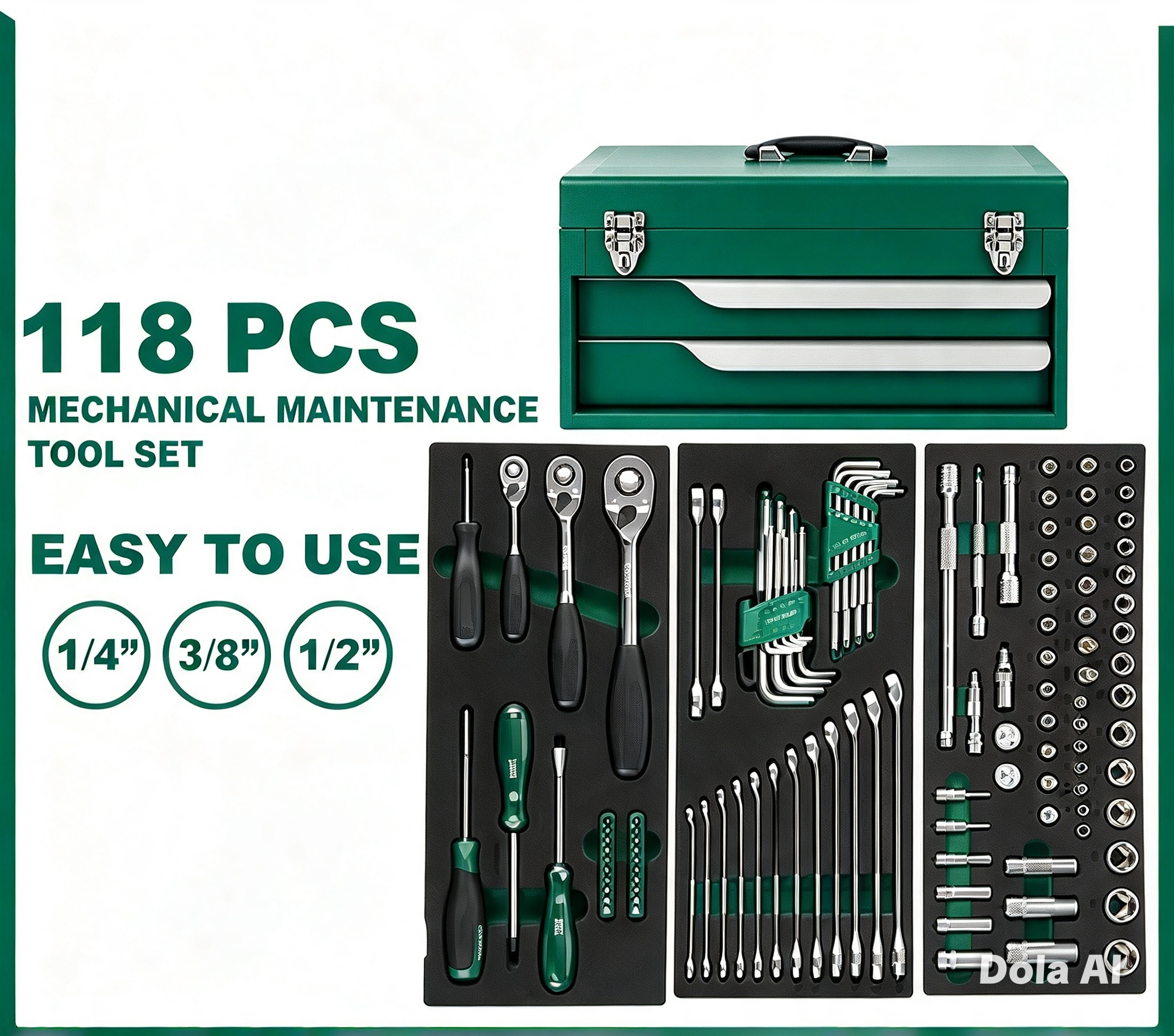 118Pc. Mechanical Maintenance Tool Set 1/4" 3/8" 1/2" Tool Set Ratchet Set Screwdriver Allen Key