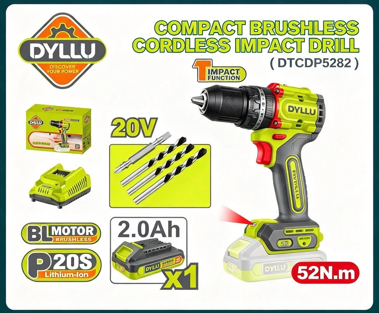 DYLLU Compact Brushless Cordless Impact Drill 52Nm 20v ( DTCDP5282 )