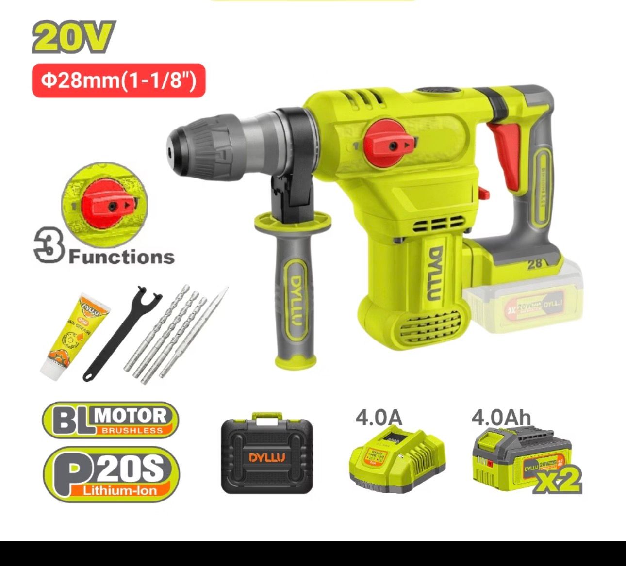 DYLLU Brushless Cordless Rotary Hammer (20V/4.5J/28mm) + Battery (2 Pcs/4.0AH) + Charger (4.0A) DTLM2B286