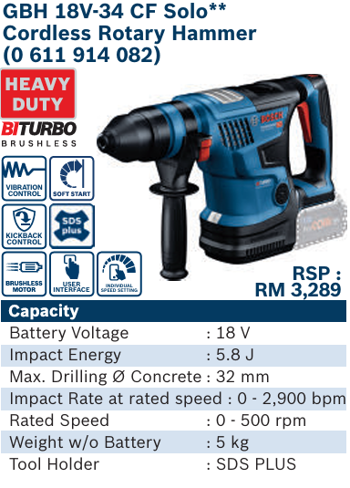 Bosch18V GBH 18V-34 CF Professional Cordless SDS Plus Rotary Hammer BITURBO Solo**