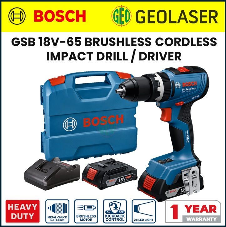 Bosch Pro GSB 18V-65 Professional Heavy Duty Cordless Impact Drill/Drivers With KickBack Control