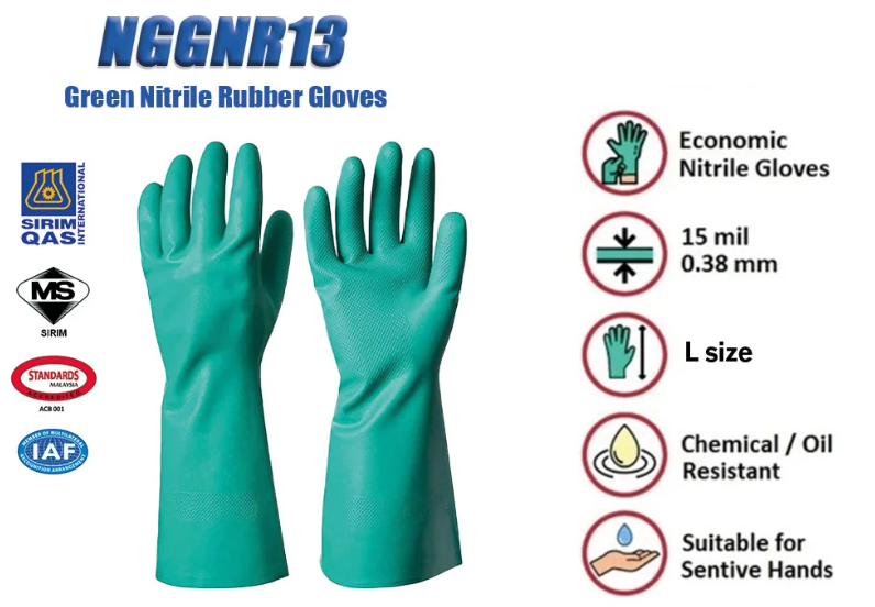 NIETZ NGGNR13 RUBBERREX L size Green Nitrile Rubber Gloves Sarung Tangan Getah Industrial Gloves