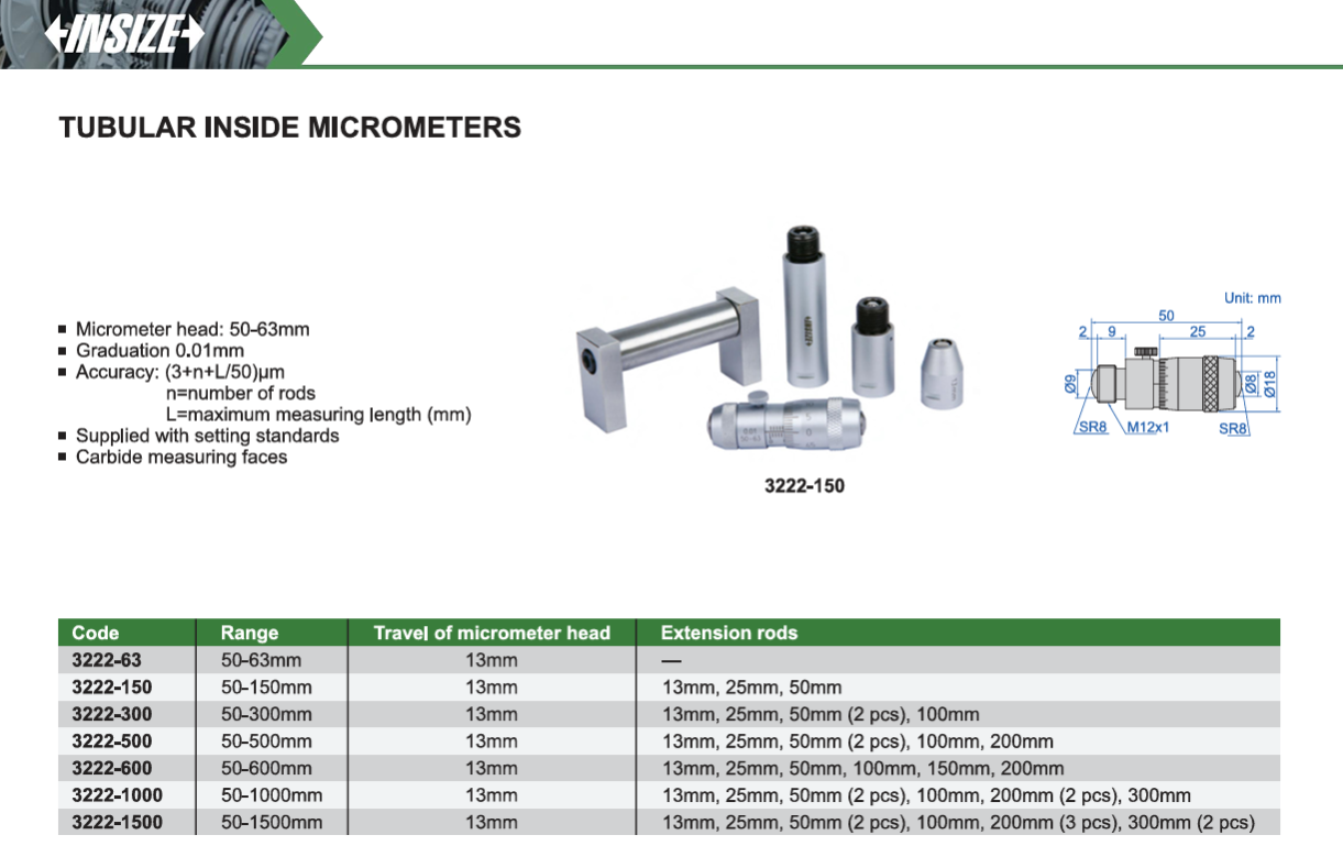 VH INSIZE Tubular Inside Micrometer 50-1000mm/0.01mm